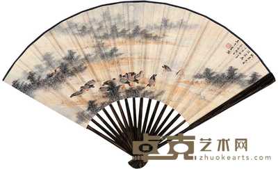 吴青霞 顾青瑶 1947年作 芦滩戏雁 楷书 成扇 